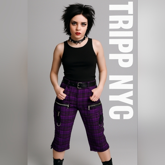 TRIPP NYC Purple Black Plaid Capris Zipper Punk,Goth,Grunge,Gorpcorp(#1,568) - Picture 1 of 11